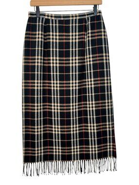 Vintage Briggs petite Plaid Midi Skirt Fringe Trim Wool Blend black Tan 10P